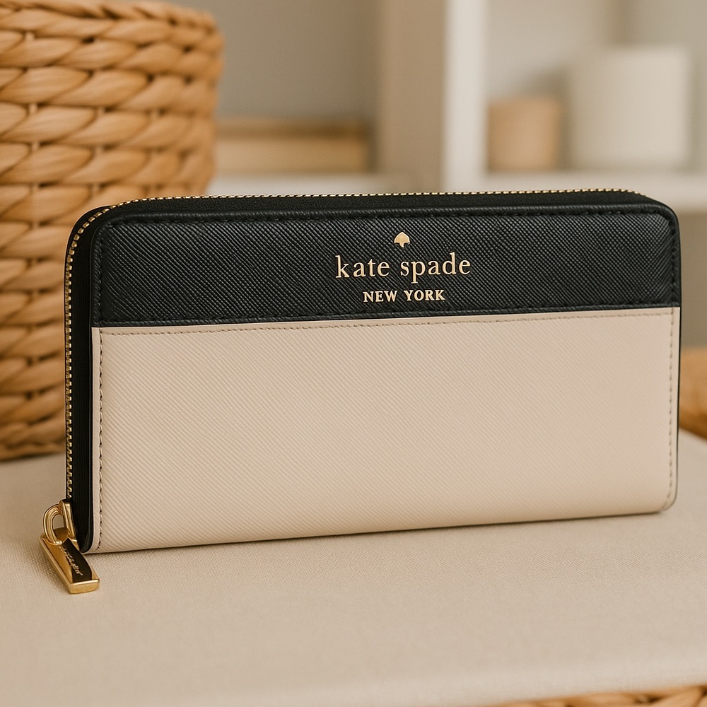 Kate Spade Laurel Way Neda Zip Around Wallet | Black & Beige Saffiano Leather